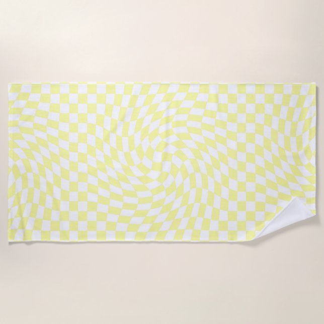 Light Yellow & White Checks Chequered Pattern Beach Towel (Front)