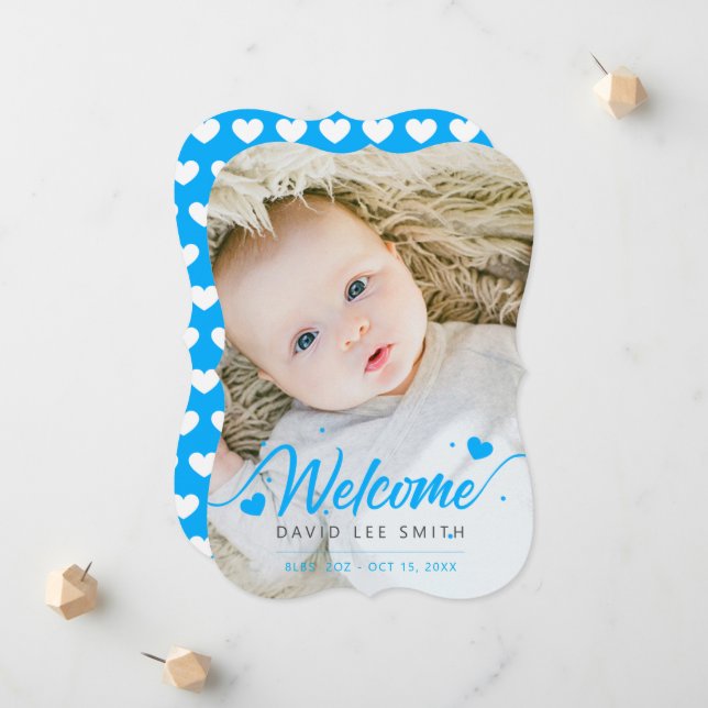 Lightblue hearts Baby Birth Photo Announcement (Front/Back In Situ)