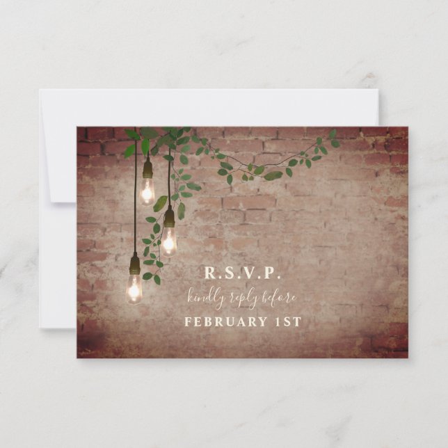Lightbulb Greenery Garland Brick Wedding RSVP (Front)