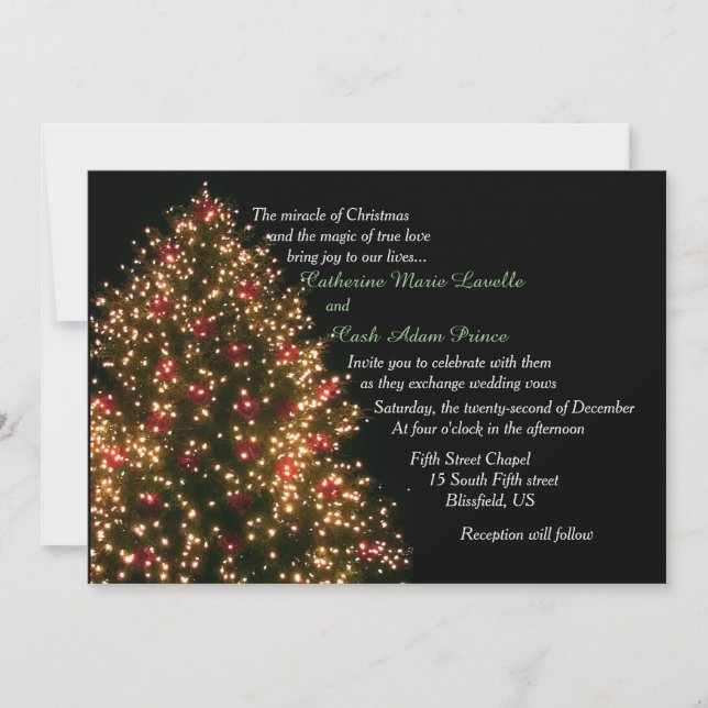 Lighted Tree on Black Christmas Wedding  Invitation (Front)