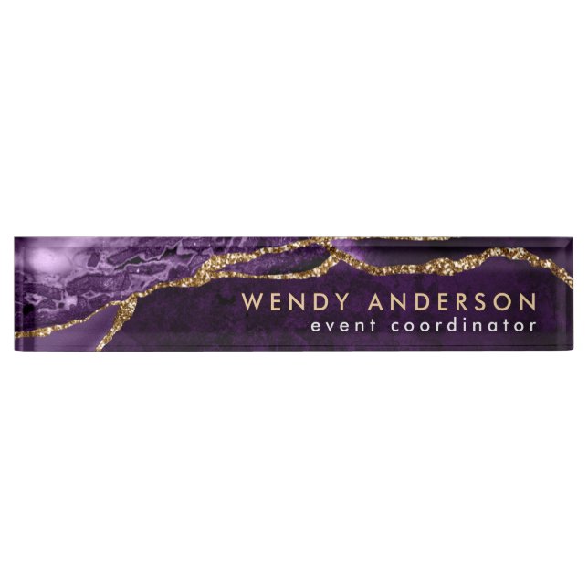 Lighter Watercolor Purple Gold Glitter Agate Nameplate (Front)