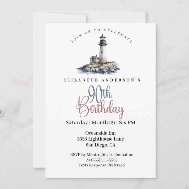 Lighthouse 90th Birthday Invitation (Front)