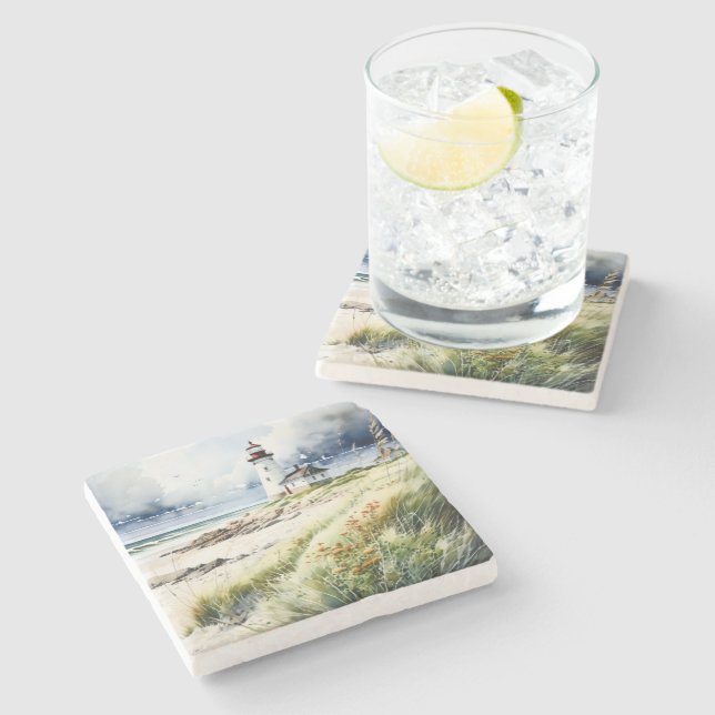 Lighthouse and Beach Scene Stone Coaster (Side)
