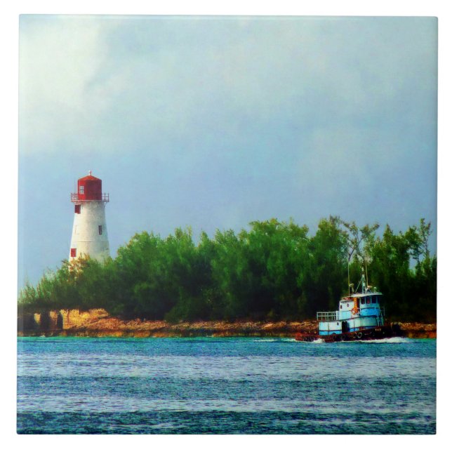 Lighthouse and Boat Nassau Bahamas Tile (Front)