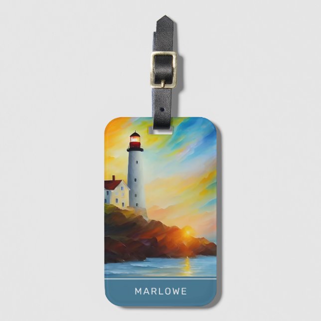Lighthouse and Coastline Personalised Name Luggage Tag (Front Vertical)