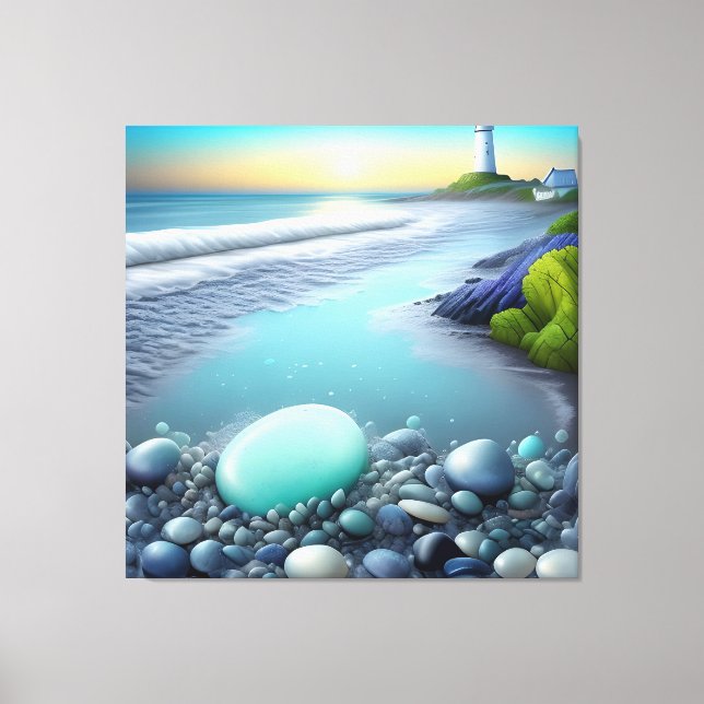 Lighthouse and Colourful Pebbles at Sunrise Canvas Print (Front)