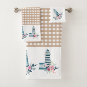 Lighthouse and Gingham Plaid  Bath Towel Set