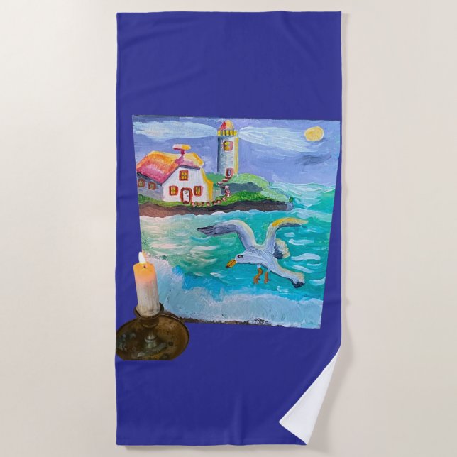 Lighthouse And Gull By Candlelight 🕯️  Beach Towel (Front)