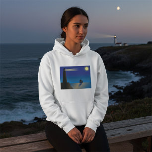 Lighthouse and Sailboat at Night Moonlit Ocean Hoodie