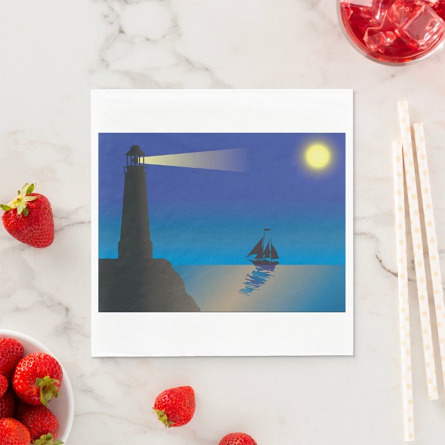 Lighthouse and Sailboat at Night Moonlit Ocean Napkin (Creator Uploaded)