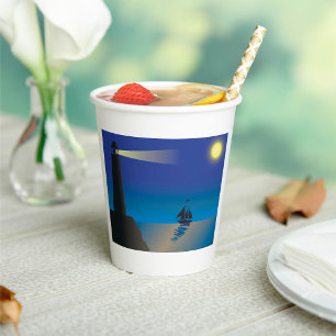 Lighthouse and Sailboat at Night Moonlit Ocean Paper Cups