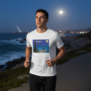 Lighthouse and Sailboat at Night Moonlit Ocean T-Shirt