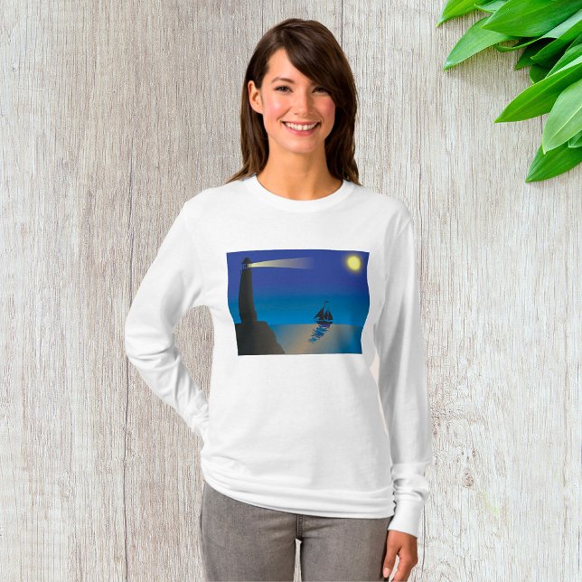 Lighthouse and Sailboat at Night Moonlit Ocean T-Shirt (Creator Uploaded)