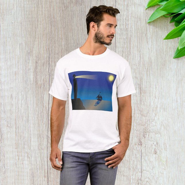 Lighthouse and Sailboat at Night Moonlit Ocean T-Shirt (Creator Uploaded)