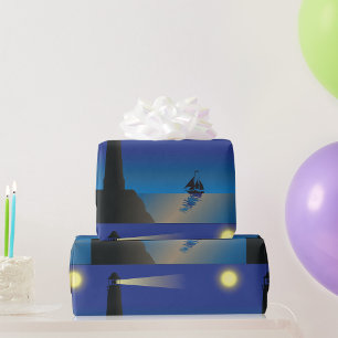 Lighthouse and Sailboat at Night Moonlit Ocean Wrapping Paper