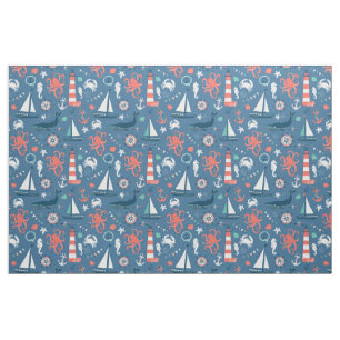 Lighthouse and Sailboats Nautical Fabric