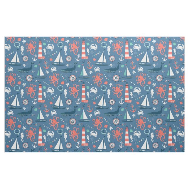 Lighthouse and Sailboats Nautical Fabric (Yard)