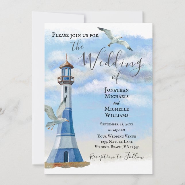 Lighthouse and Seagulls All In One Beach Wedding Invitation (Front)