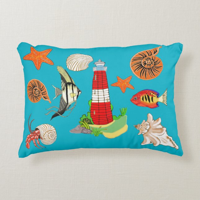 Lighthouse and Seashells Accent Pillow (Front)