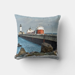 Lighthouse and Ship Throw Pillow
