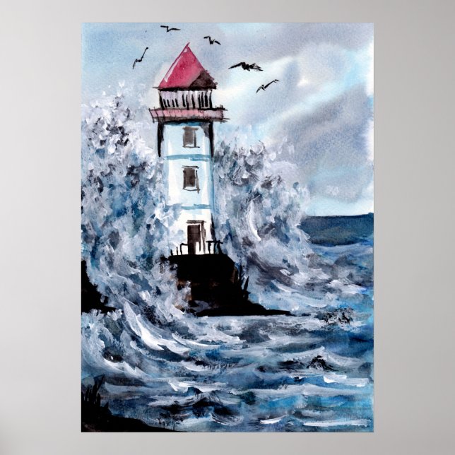 Lighthouse and Storm Watercolor Poster (Front)