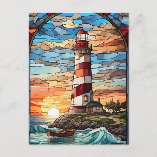 Lighthouse and Sunset Stained Glass Illustration  Postcard (Front)