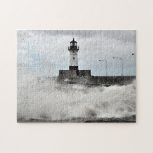 Lighthouse and Waves Duluth Minnesota Jigsaw Puzzle