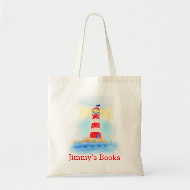 Lighthouse art kids named id library tote bag (Front)
