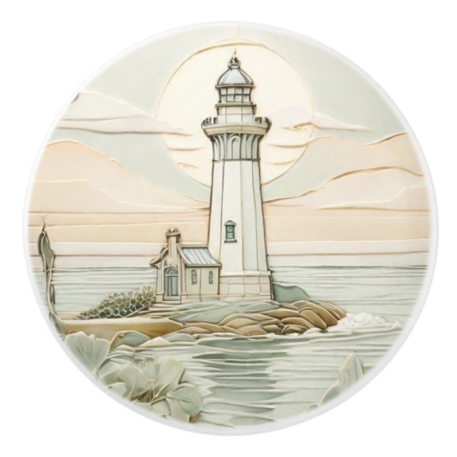 Lighthouse Art Nouveau Faux Relief Pastel Mint Ceramic Knob (Front)