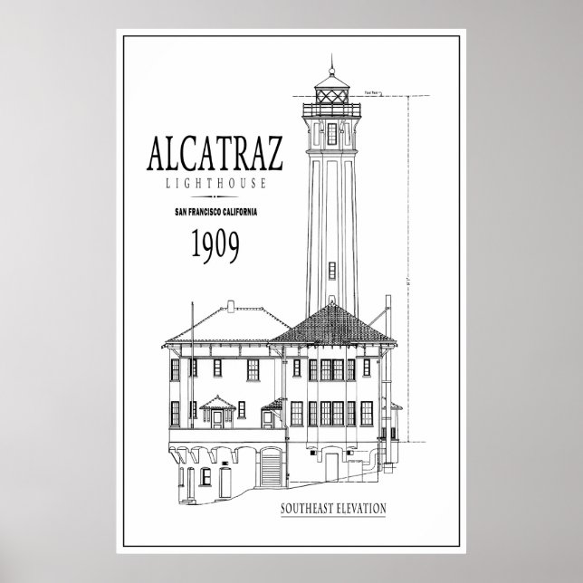 LIGHTHOUSE at ALCATRAZ ISLAND ARCHITECTURE DRAWING Poster (Front)