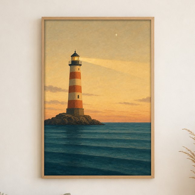 Lighthouse at Dusk Watercolour Coastal Art Poster (Shown framed for scale. Poster ships unframed; frames are an optional add-on.)