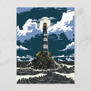 Lighthouse At Night Holiday Postcard
