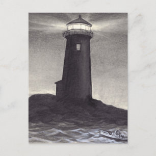 Lighthouse at night shining it's navigation light postcard