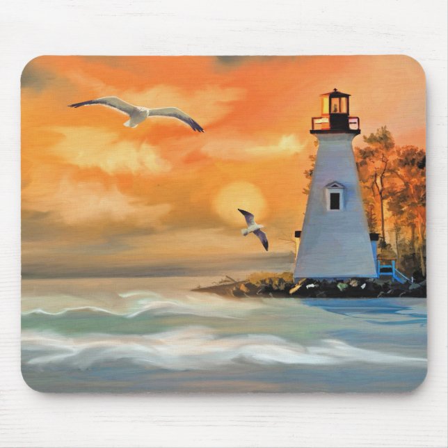 Lighthouse at Ocean Sunset and Seagulls Mouse Pad (Front)