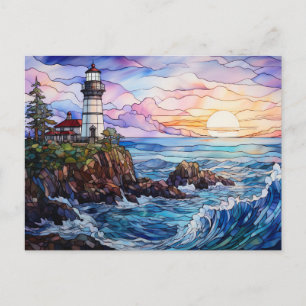 Lighthouse at sea Bleiglass Style Postcard