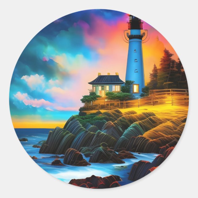 Lighthouse at Sunset Classic Round Sticker (Front)