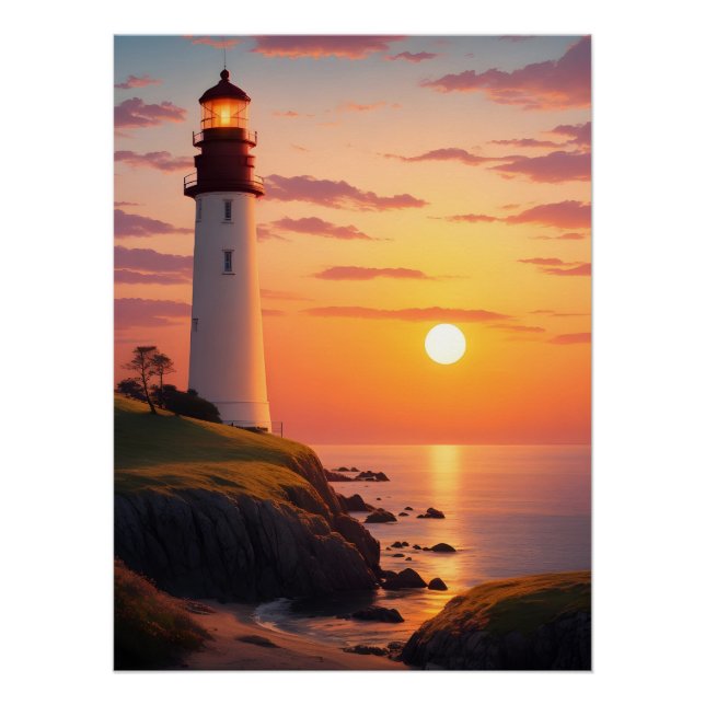 Lighthouse at Sunset Poster (Front)