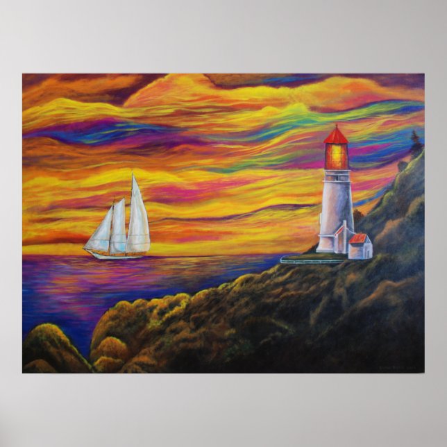 Lighthouse at Sunset Sailboat landscape Mountain Poster (Front)