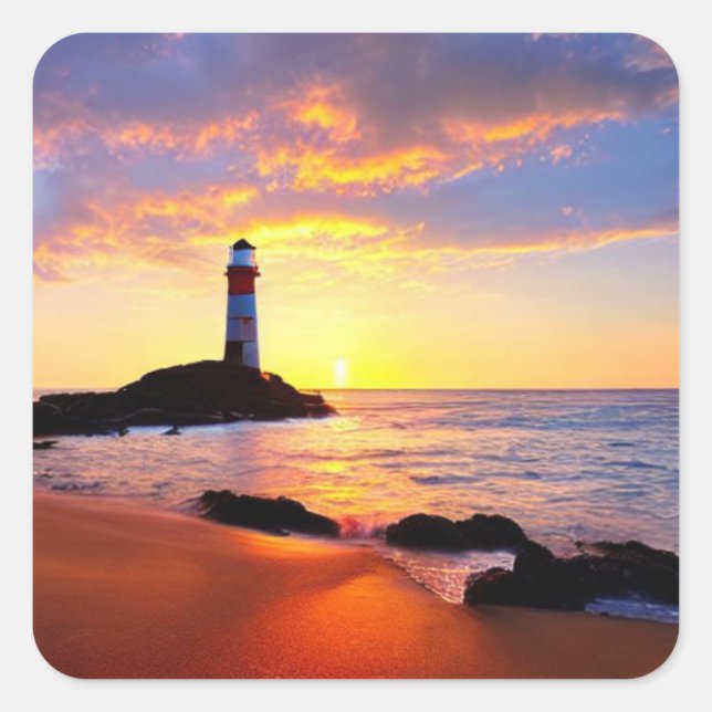 Lighthouse at sunset square sticker (Front)