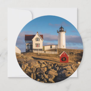 Lighthouse at Sunset with Christmas Decorations Holiday Card