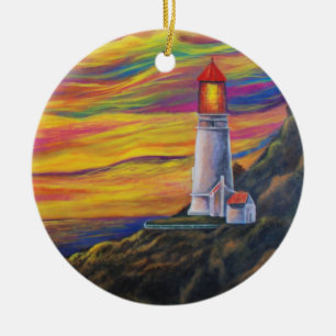 Lighthouse at Sunset with Sailboat Ocean Nautical Ceramic Tree Decoration