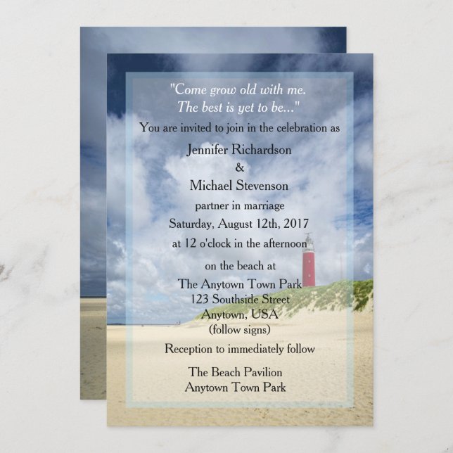 Lighthouse At The Beach Casual Wedding Invitation (Front/Back)