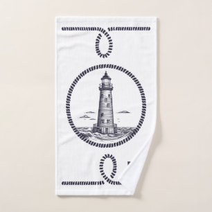 Lighthouse at the sea in round rope frame bath towel set