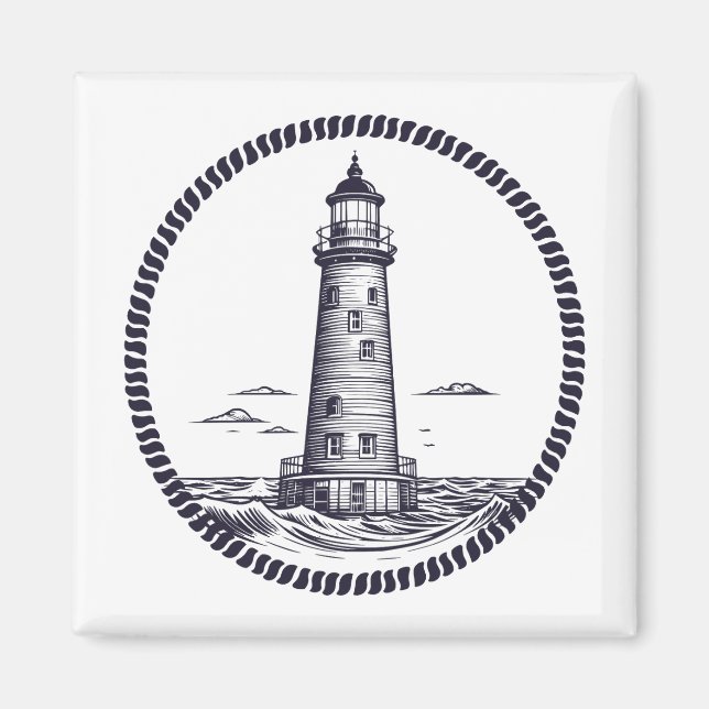 Lighthouse at the sea in round rope frame magnet (Front)