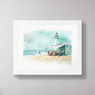 Lighthouse Beach Café – Nautical Sketch Watercolor Poster