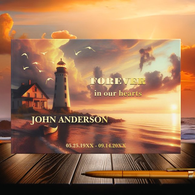 Lighthouse Beach Memorial Real Foil  Guest Book (Memorial guest book featuring a lighthouse on the beach at sunset with real foil seagulls and texts)