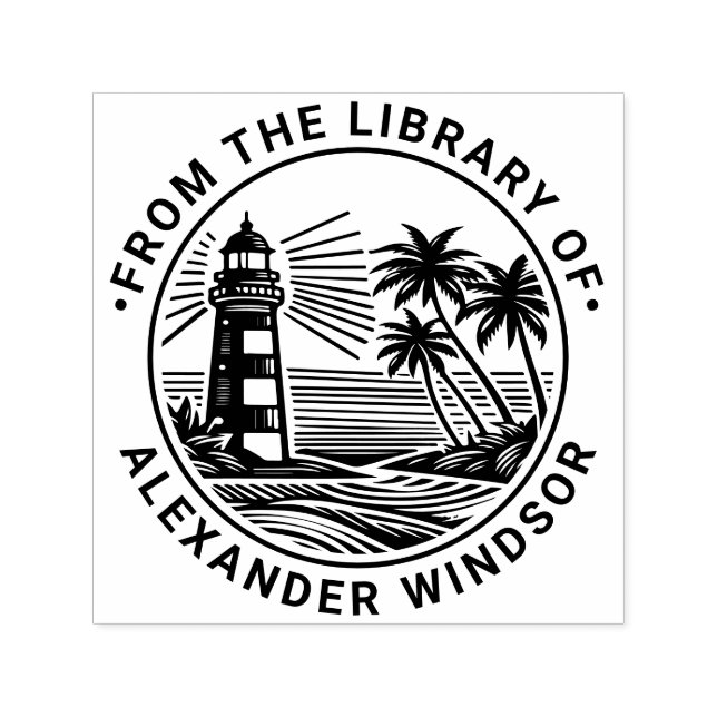 Lighthouse Beach Palm Trees Library Book Name Self-inking Stamp (Design)