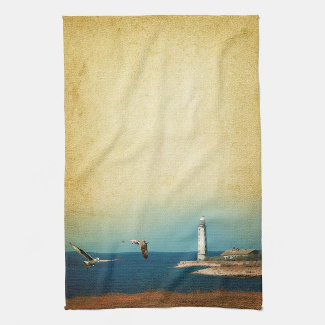 Lighthouse Beach Scene Kitchen Dish Towel (Vertical)