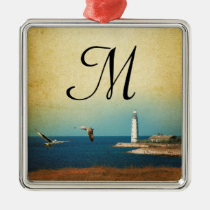 Lighthouse Beach Scene Monogram Initial Ornament
