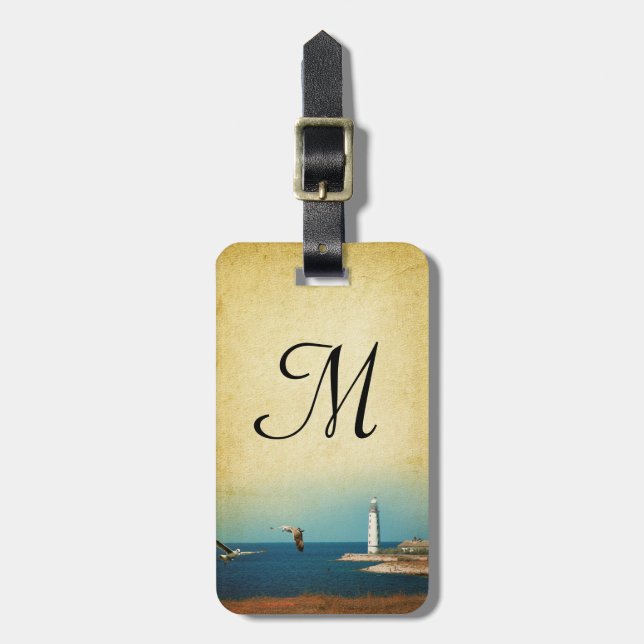 Lighthouse Beach Scene Monogram Luggage Tag (Front Vertical)